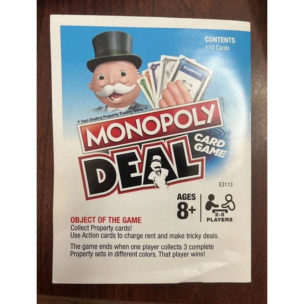 Monopoly Deal Playing Card Game for 2-5 Players 8yr+ Hasbro Complete Set